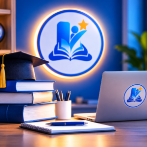 Yon chapo gradyasyon sou yon pil liv ble, akote yon laptop ak logo Kominote Online