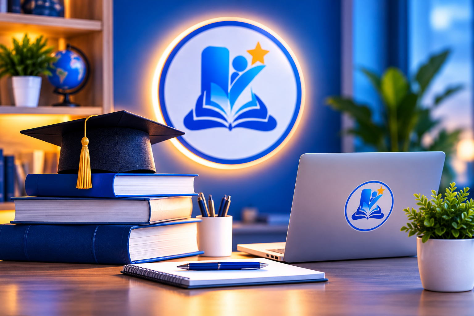 Yon chapo gradyasyon sou yon pil liv ble, akote yon laptop ak logo Kominote Online