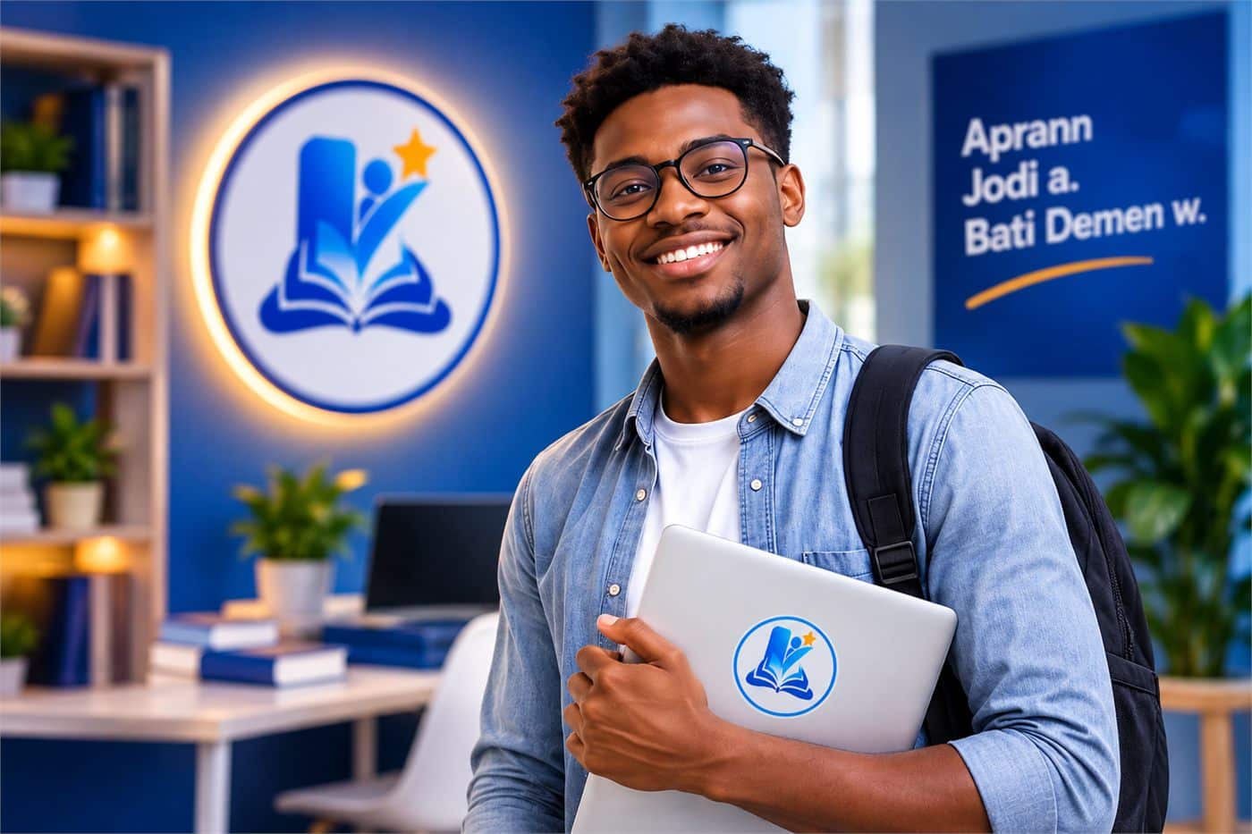 Yon jèn gason ak linèt ak yon sak nan do kenbe yon laptop nan yon sant fòmasyon